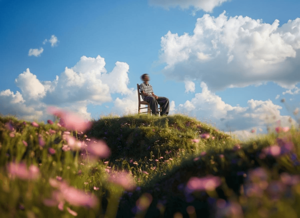 Hero section artwork in the Bloom style: a person sitting on a chair atop a green hill, framed by pink wildflowers under a bright blue sky