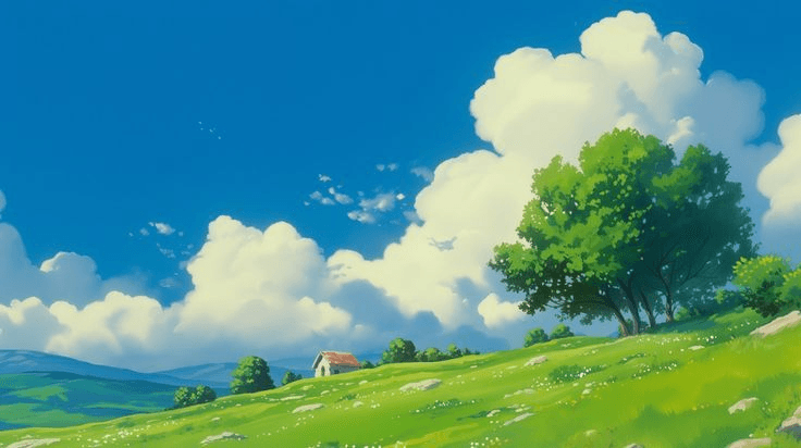Hero section artwork in the Ghibli-inspired style: a hand-painted green hillside with a small cottage and towering white clouds in a deep blue sky