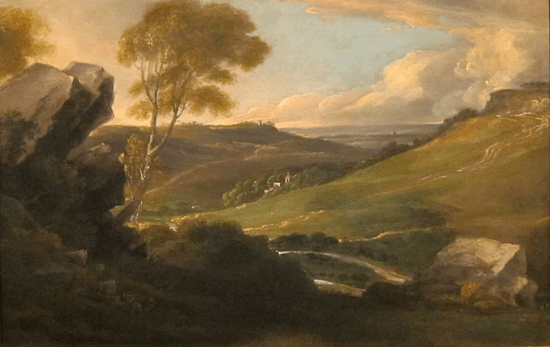 Hero section artwork in the Romantic sublime style: an oil-painted valley of rocky outcrops and windswept trees, opening onto a distant village under a glowing golden sky